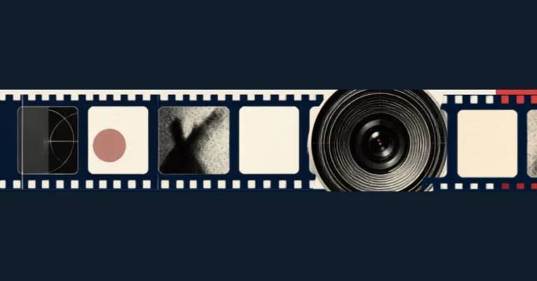 Faixa de filme com quadros e uma lente de câmera, arte do II Fórum Internacional de Cinema-Educação.