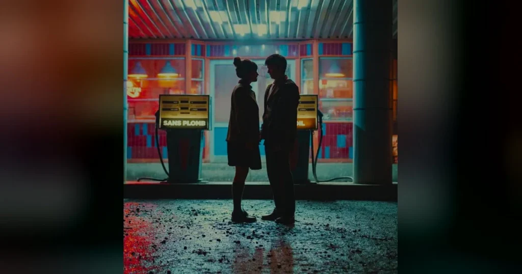 Um casal jovem em silhueta, frente a frente, num posto de gasolina à noite. Imagem do projeto Juventud y cine en el fin de los tiempos.