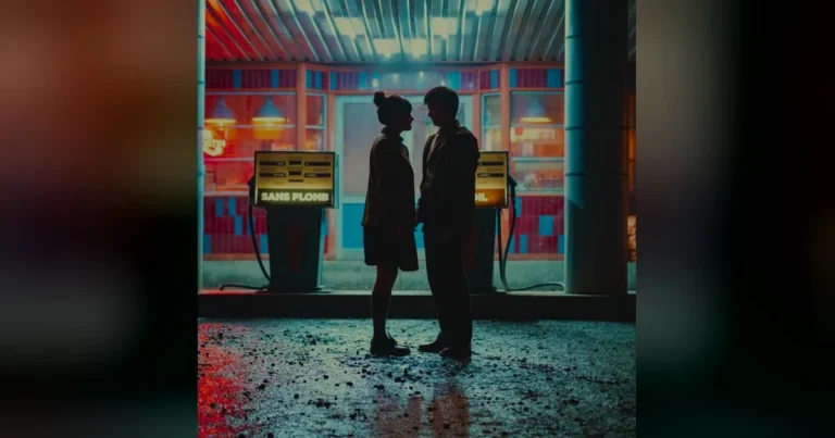 Um casal jovem em silhueta, frente a frente, num posto de gasolina à noite. Imagem do projeto Juventud y cine en el fin de los tiempos.