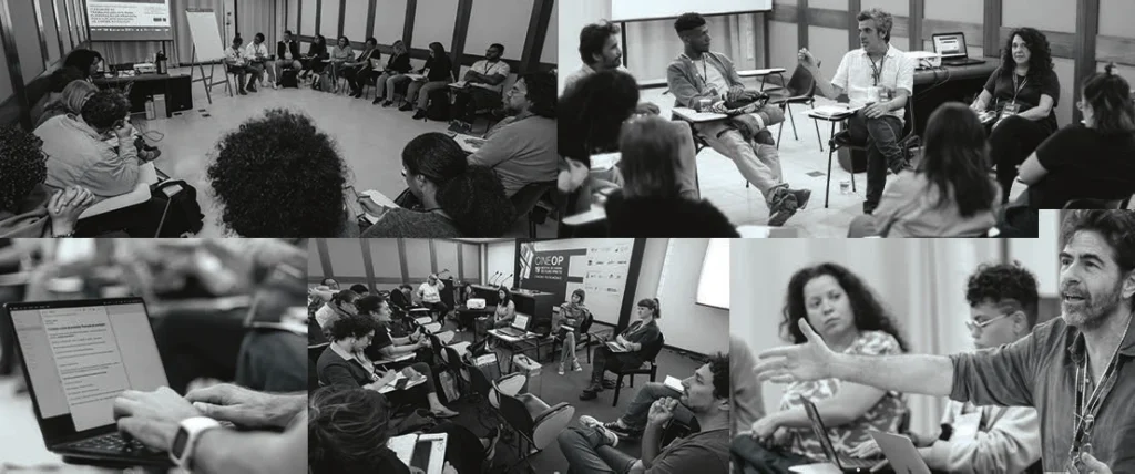 Working groups of the 16th Rede Kino Forum at the 19th CineOP, Ouro Preto, 2024: educators and researchers sitting in a circle, talking.